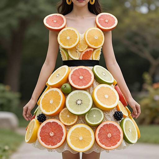 Photograph of a woman in a vibrant, fruit-decorated dress with orange, lemon, lime, grapefruit slices, and blackberries, standing