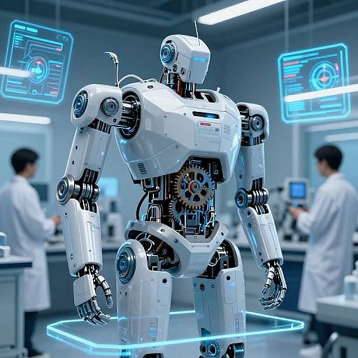 Photorealistic CGI of a white humanoid robot with glowing blue accents, standing on a hexagonal platform in a futuristic lab, with two blurred scientists in