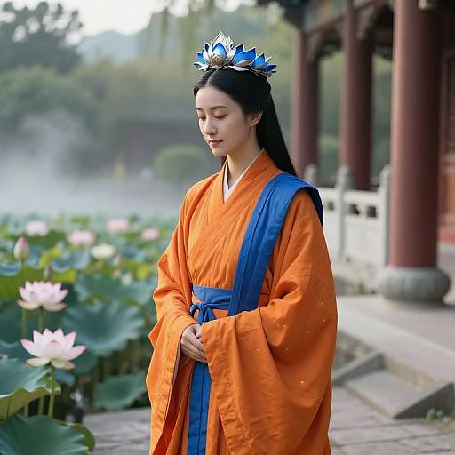 Serene Female Monk in Lotus Courtyard