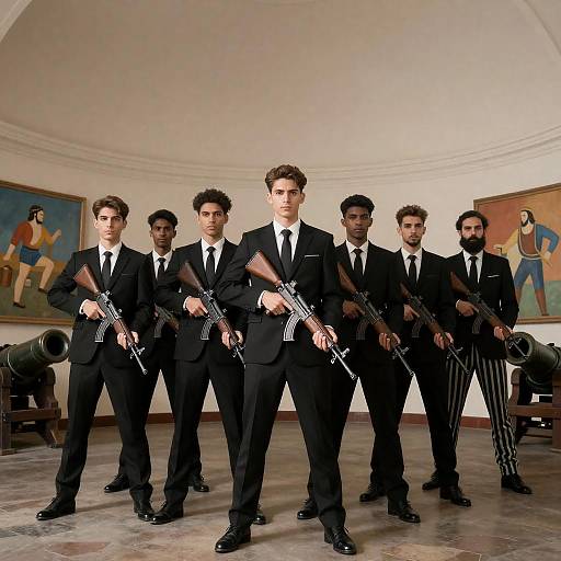 Confident Men in Suits with Firearms