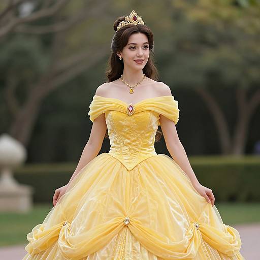 Photograph of a woman with dark hair, wearing a golden yellow, off-shoulder ball gown with a tiara, standing outdoors in a garden