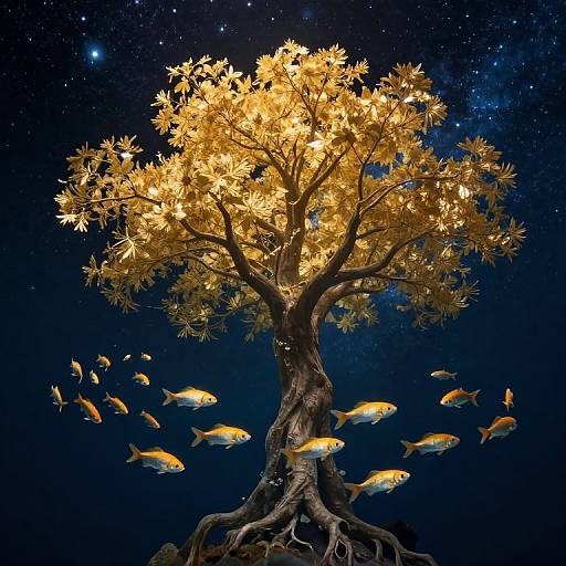 Photograph of a glowing, golden-leaved tree with intricate roots, surrounded by floating, orange-and-yellow fish in a dark, starry night sky