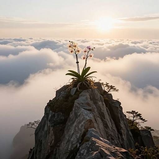 Photograph of a rocky peak with a single orchid plant and blooming white flowers, surrounded by misty clouds at sunrise.