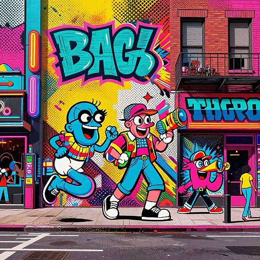 Vibrant comic-style street mural of four cartoon characters in overalls, running past neon-lit 