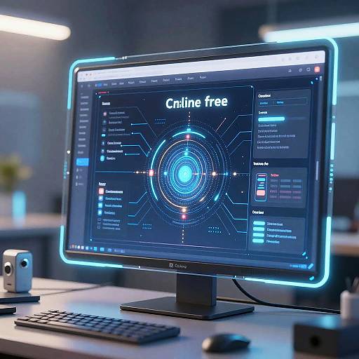 Photograph of a modern computer monitor displaying a glowing 