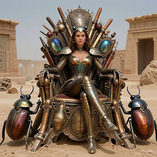 Digital art of a woman in metallic armor, seated on a steampunk throne, surrounded by insect-like gadgets, in a desert ruins setting.