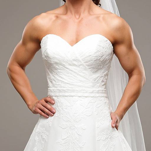 Photograph of a muscular bride in a strapless, lace white wedding dress with hands on hips, veil in background.