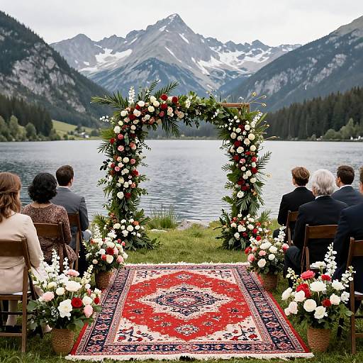 Photograph: Four people sit facing mountainous lake, watching wedding arch with red, white, and green flowers on ornate red rug.