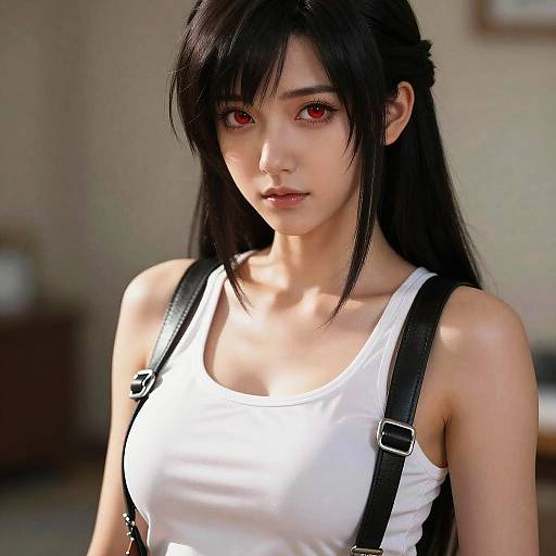 Digital artwork of an attractive Asian woman with long black hair, red eyes, wearing a white tank top and black suspenders, in a softly lit indoor