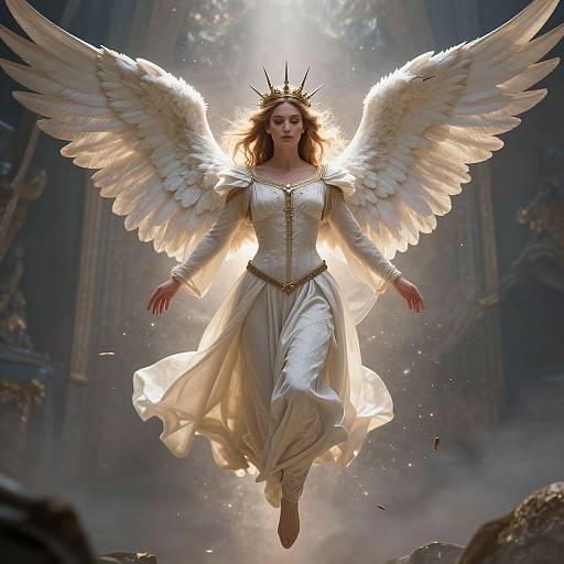 Digital art of a radiant, winged angel with golden crown, flowing white gown, and large feathers, descending from a sunlit, gothic cathedral