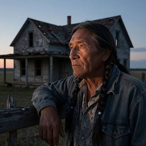Photograph of a weathered, middle-aged Native American man with braided hair, leaning on a wooden fence at dusk, in front of an old