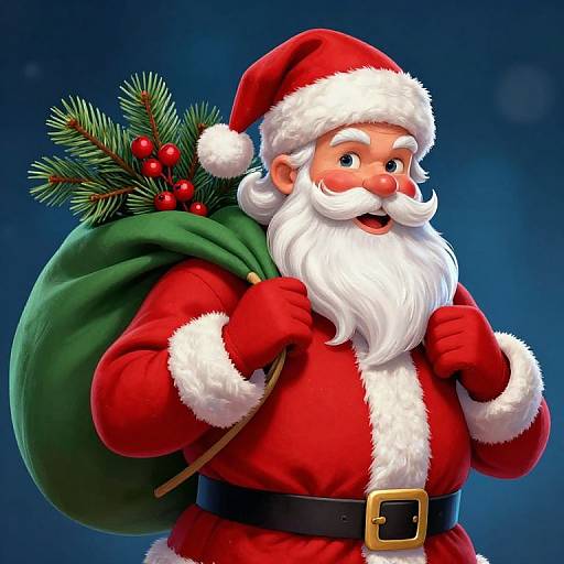 Digital illustration of a cheerful Santa Claus with a white beard, red suit, and hat, carrying a green sack with pine branches and red berries. Blue