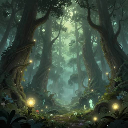 Mystical forest illustration with towering trees, glowing fireflies, and luminescent plants, bathed in ethereal, greenish light. Magical