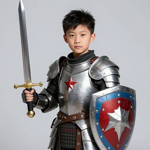 Photograph of an Asian boy in silver medieval armor, holding a gold-hilted sword and a red-blue shield with a white star, against a