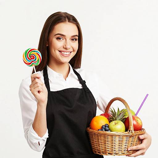 Smiling brunette woman in black apron and white shirt holding a wicker basket of fruits and a colorful swirl lollipop.