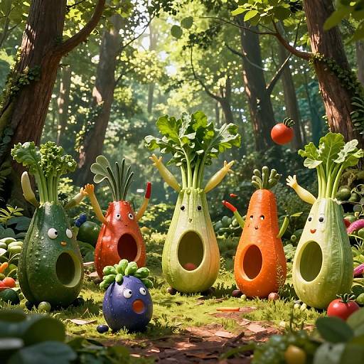 Photorealistic CGI of vibrant, vegetable-shaped creatures with large mouths, leafy tops, and expressive eyes in a sunlit, lush forest.