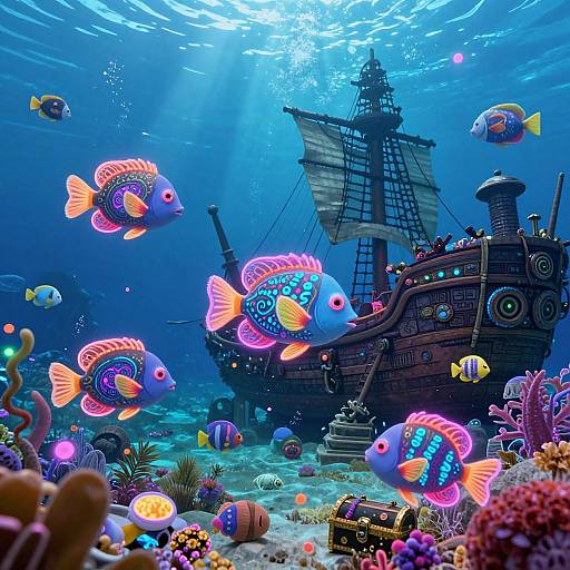 Vibrant underwater scene with glowing neon fish, a detailed pirate ship, and colorful coral reefs illuminated by sunlight. Digital art.