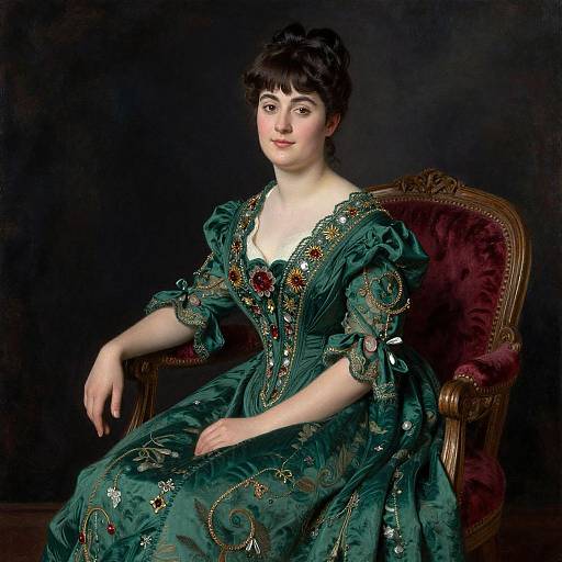 Portrait of a young woman in an elaborate, green, embroidered Victorian dress seated on a red velvet chair, dark background.