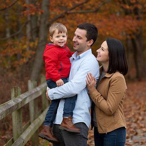 Photograph of a smiling family in autumn: father in white shirt, black-haired mother in tan jacket, holding red-jacketed toddler. Wooden fence