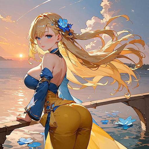 Blonde Anime Girl at Sunset Bridge