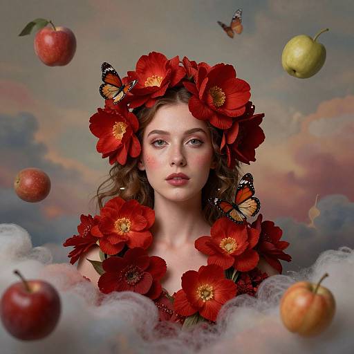 Digital artwork of a fair-skinned woman with red flower crown, surrounded by floating apples, butterflies, and clouds, against a dreamy sky.