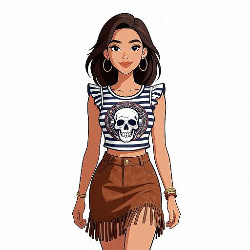 Digital illustration of an attractive young woman with medium skin tone, black shoulder-length hair, wearing a striped skull crop top and fringed brown skirt, accessor