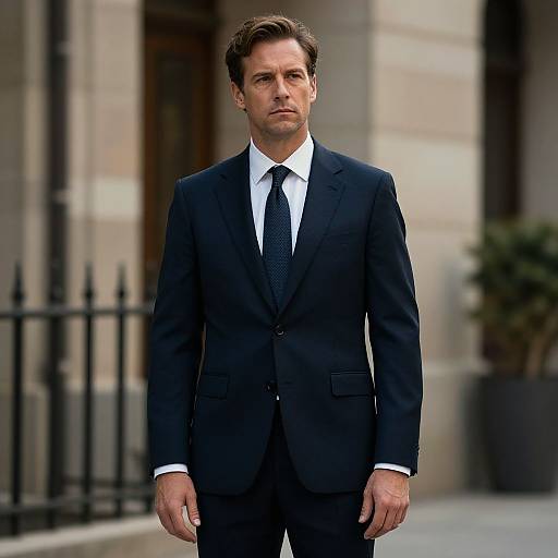 Photograph of a serious, handsome, middle-aged man in a black suit, white shirt, and black tie standing outdoors in front of a stone building
