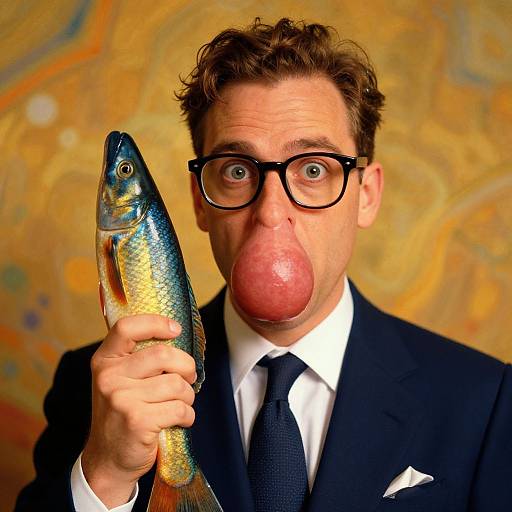 Photograph of a man in a black suit, glasses, and red balloon-like mouth, holding a colorful fish against a yellow abstract background.