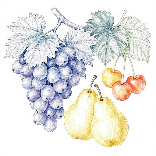 Detailed watercolor illustration of blue grapes, green leaves, red and yellow cherries, and yellow pears, showcasing rich textures and vibrant colors.