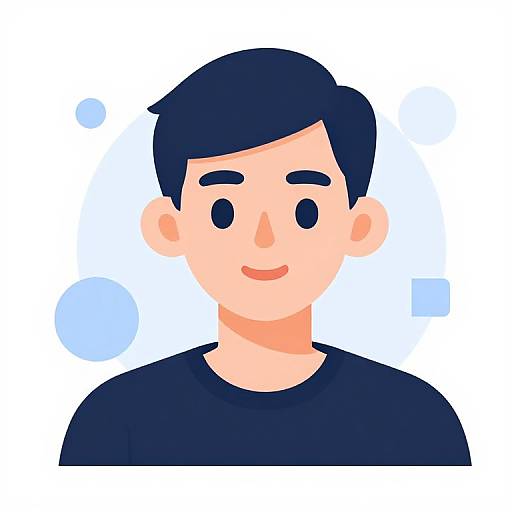 Digital illustration of a smiling, fair-skinned man with short black hair, black shirt, and simple blue-dot background. Minimalist, cartoon style.