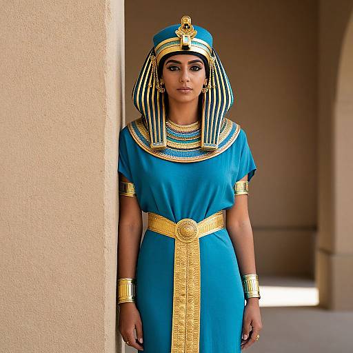 Photograph of a young woman dressed as an ancient Egyptian pharaoh, wearing a blue dress with gold trim, striped headdress, and gold jewelry,