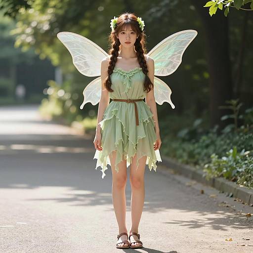Young Woman in Green Fairy Costume Outdoors