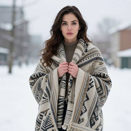 Woman Wearing Trade Blanket in Snow