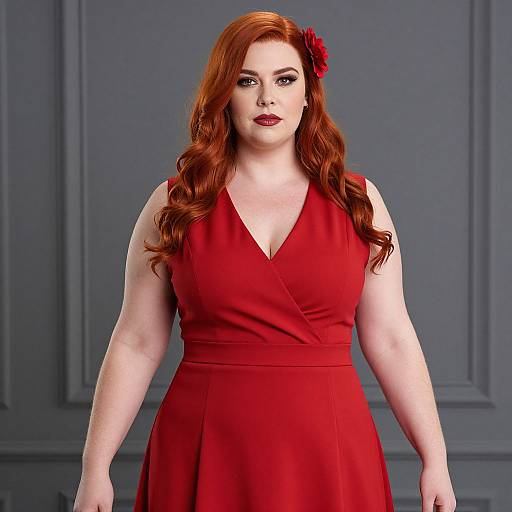 Photograph of a fair-skinned, curvy woman with long red hair, wearing a red V-neck dress, red flower in hair, and dark