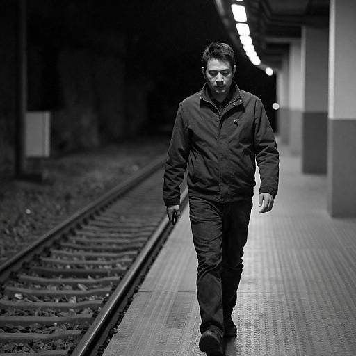 Black-and-White Man on Narrow Railway Platform
