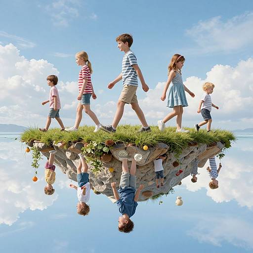 Photograph of six children in colorful clothes, walking on a floating grassy island, with clear blue sky and cloud reflections below.