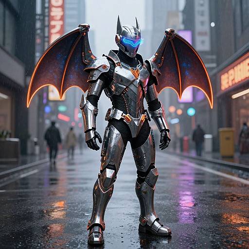 Cybernetic bat-winged robot with glowing blue eyes stands on a rainy city street at night, surrounded by neon signs.