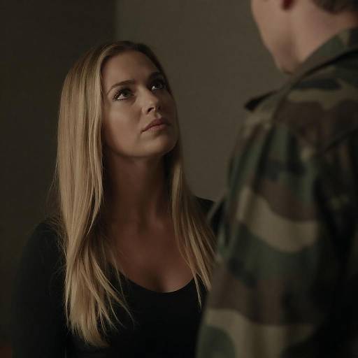 Serious Woman Looking at Man in Camouflage