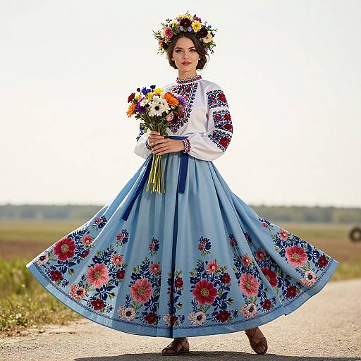 Photograph of a woman in a blue floral embroidered dress and flower crown, holding a bouquet, standing on a rural road.