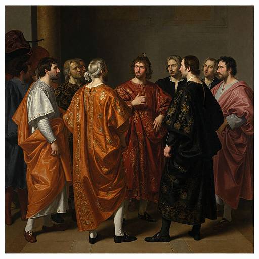 Renaissance-style oil painting of seven men in rich, elaborate robes, engaged in a serious discussion, with varied expressions and dark, plain background.