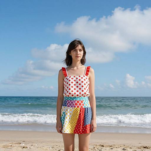 Photograph of a young woman with dark hair wearing a polka dot top and colorful, patterned skirt, standing on a sunny beach with waves and