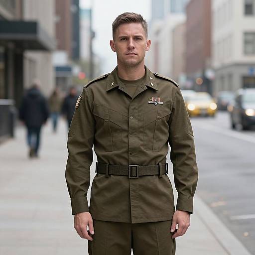 Photograph of a serious young white man in a military-style olive green uniform standing on a city street with blurred background.