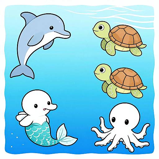 Colorful digital drawing of cute, cartoon-style sea creatures: dolphin, turtle, mermaid, sea turtle, and octopus, swimming in blue ocean