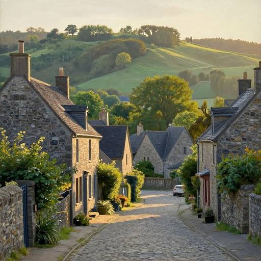 Photograph of a charming, sunlit village street lined with stone cottages, lush greenery, and rolling hills in the background.