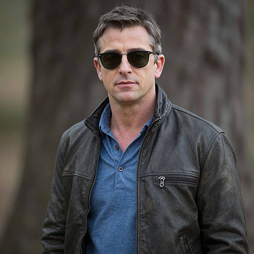 Photograph of a middle-aged man with short dark hair, wearing black sunglasses, a blue button-down shirt, and a black leather jacket, standing in