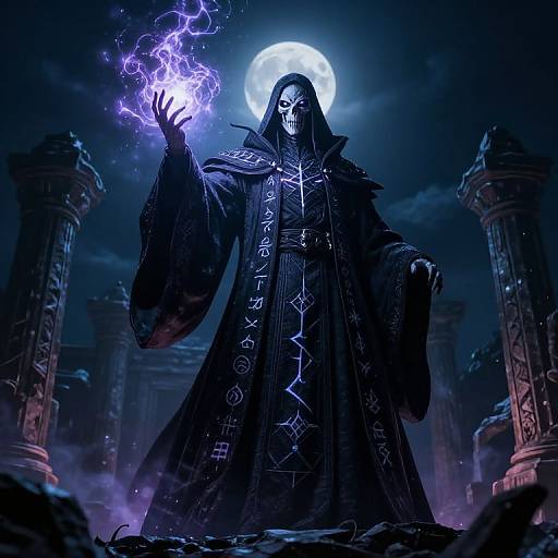 Digital artwork of a hooded, white-masked sorcerer in a dark, rune-embroidered robe, conjuring purple lightning under a full