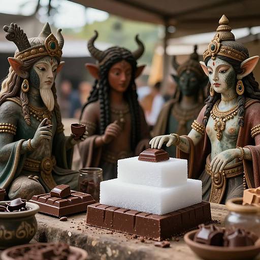 Photorealistic CGI: Elaborately dressed, horned, green-skinned female elves prepare a white sugar pyramid on a wooden table amidst a market