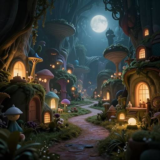 Whimsical, nighttime forest village with glowing mushroom houses, winding path, illuminated windows, and a full moon shining through the dense, dark trees.