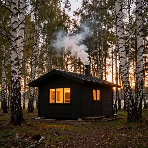 Cozy Birchwood Cabin at Sunset