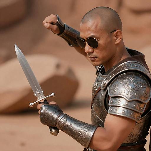 Warrior in Metallic Armor Holding Dagger